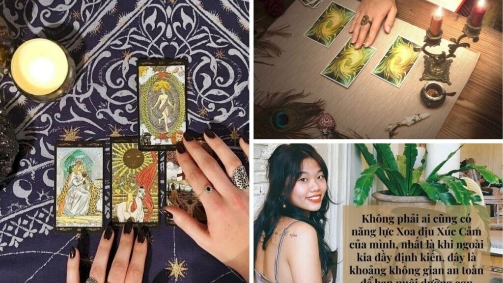 Trải bài Tarot 3 lá gồm Eight of Pentacles, Two of Swords và The Star