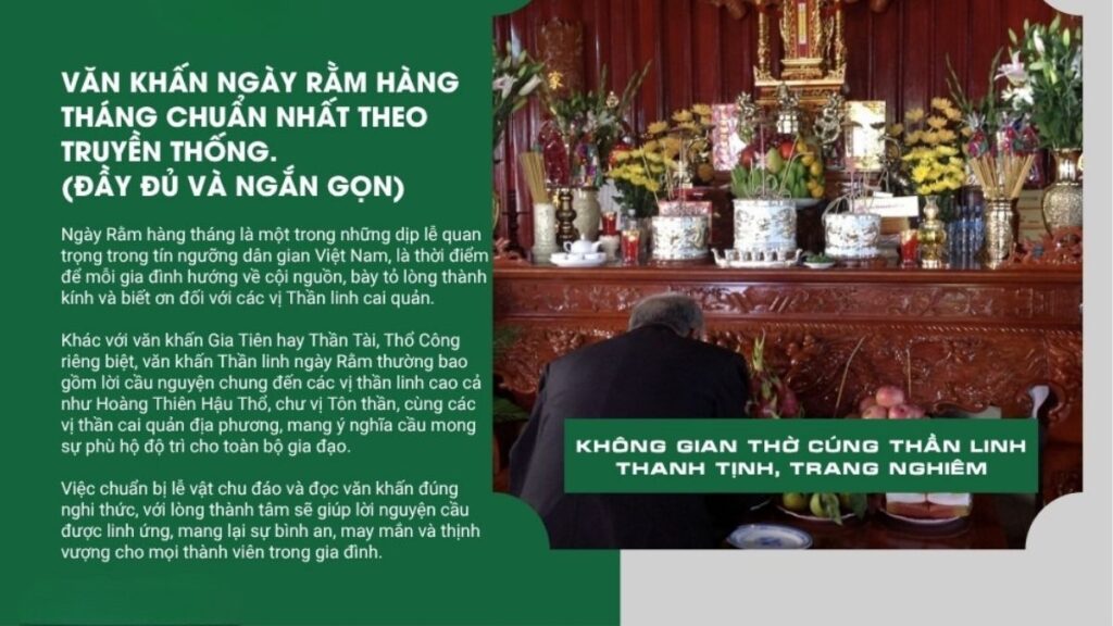 Ban thờ Thổ Công và thần linh với hương hoa, nước sạch và lễ vật ngày rằm